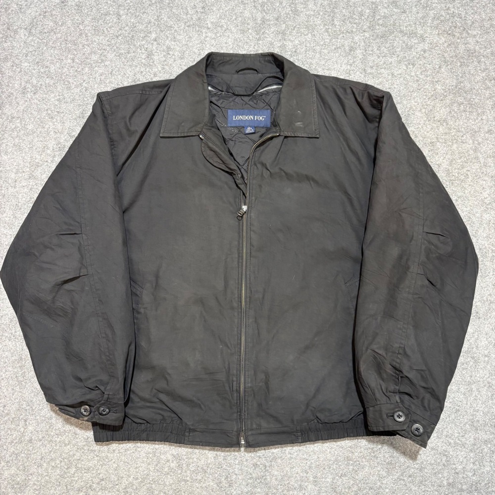 London Fog Mens Harrington Jacket Black Full Zip Quilted Lined Size Large Reg